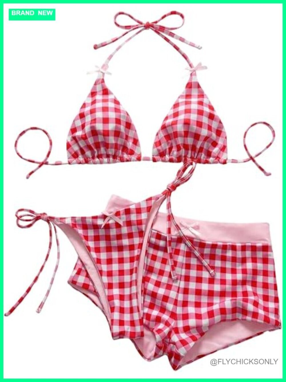 Gingham Bow String Bikini Set with Thong and Beach Shorts